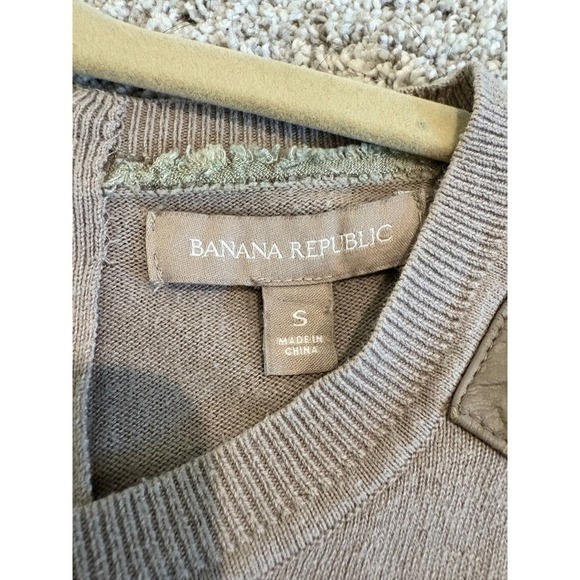 Banana Republic Sweater Top Small Beige Knit Long Sleeve Faux Leather - Picture 5 of 8